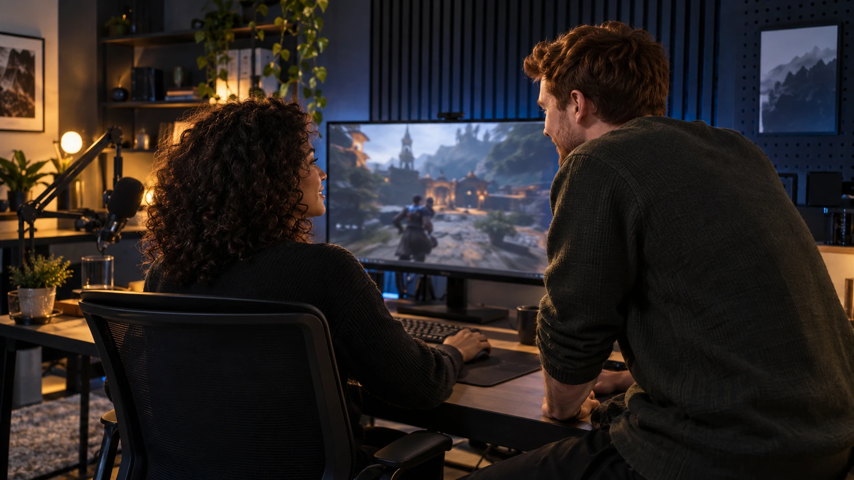 Creators reviewing a gaming video in their studio
