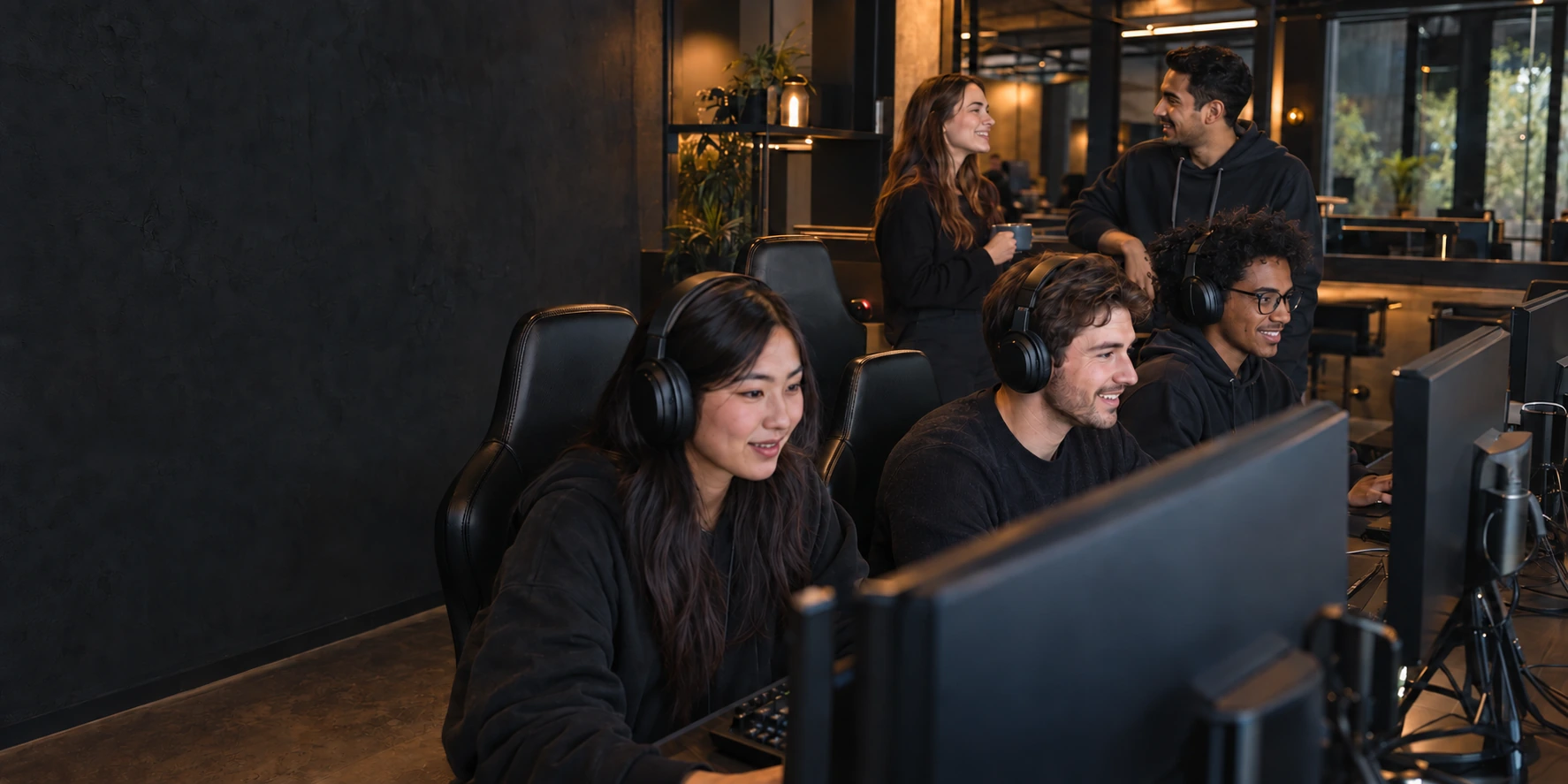 Players sharing a game and catching up in a gaming lounge