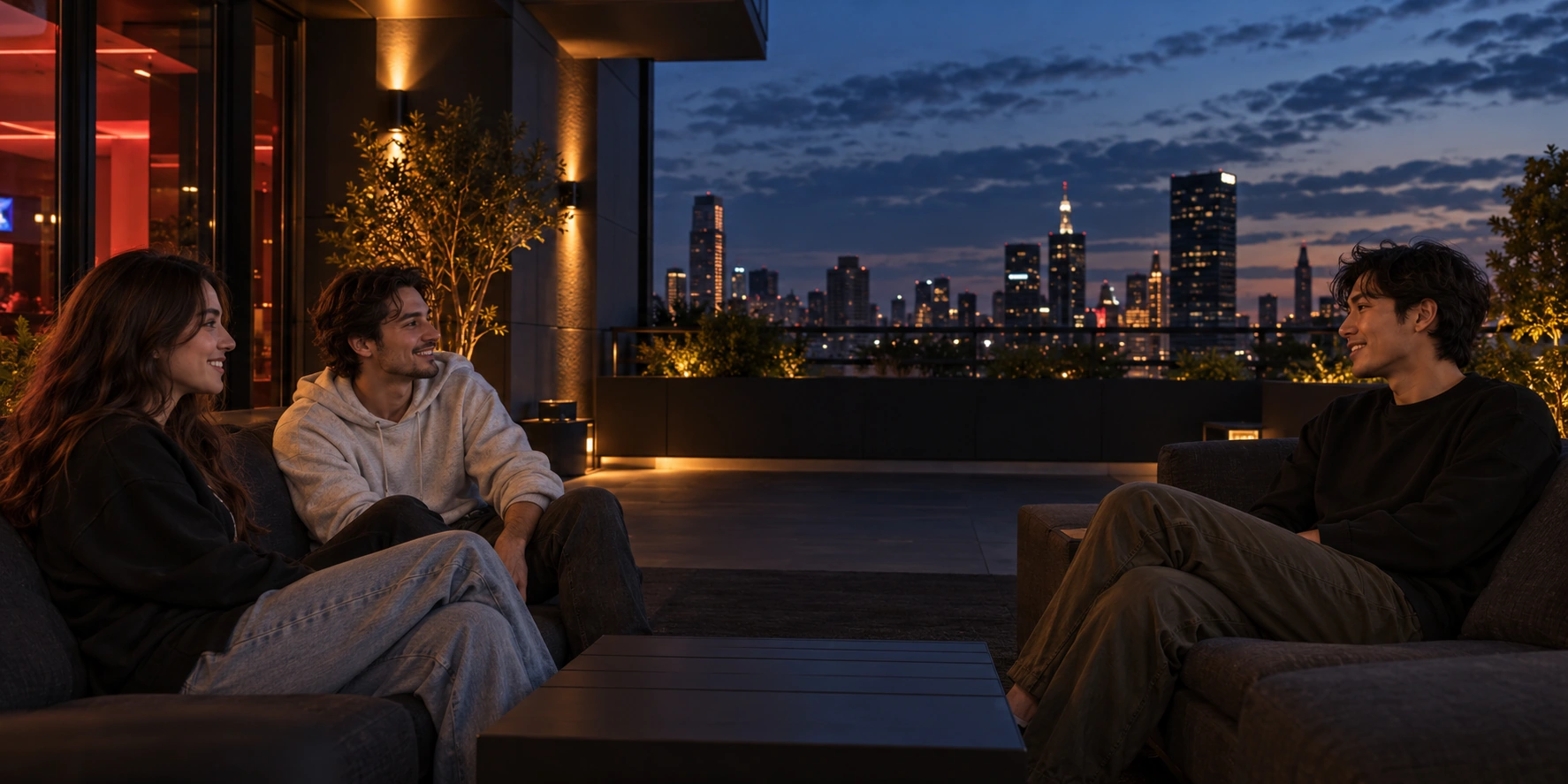 Three XFG friends talking on a warmly lit rooftop terrace after a gaming session