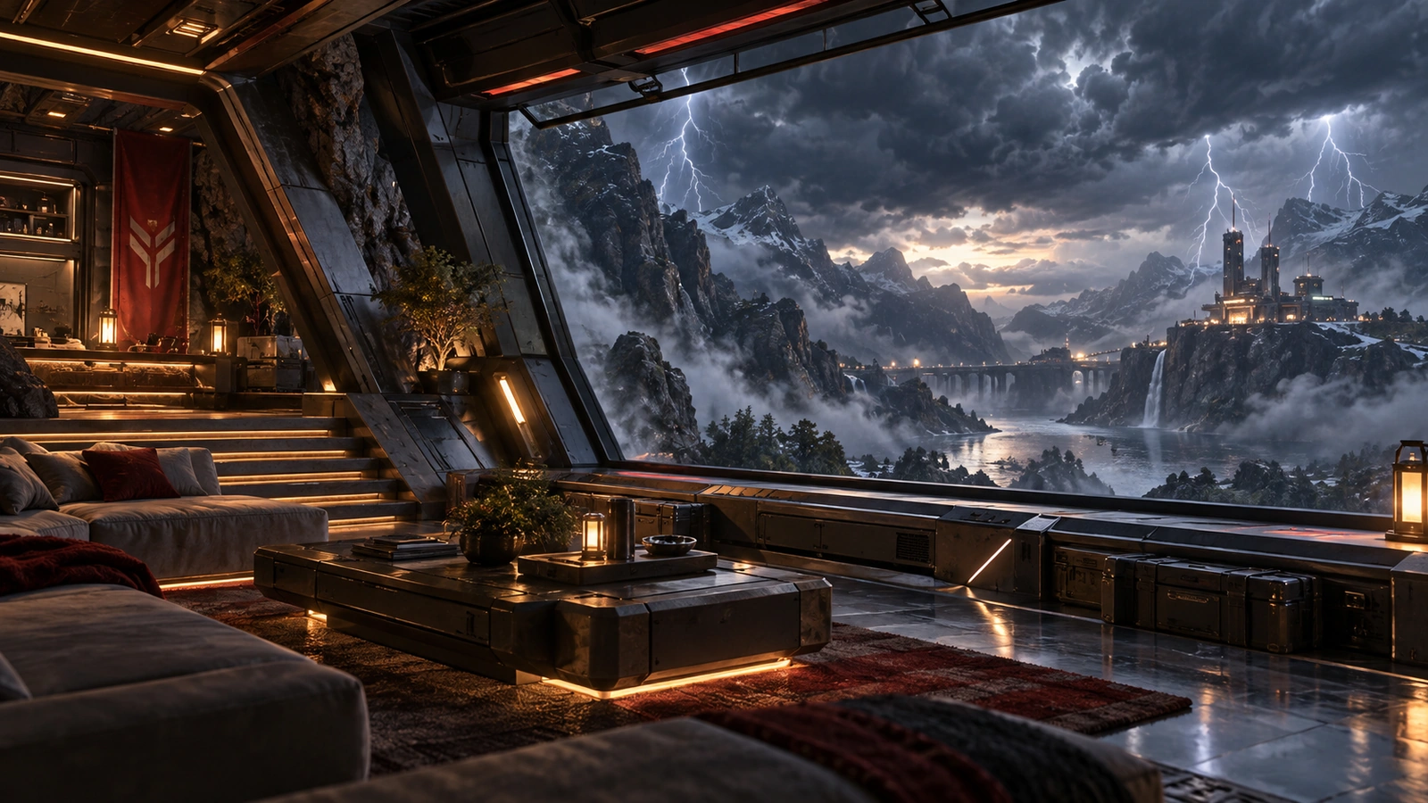 A sheltered command refuge overlooking a mountain outpost and storm