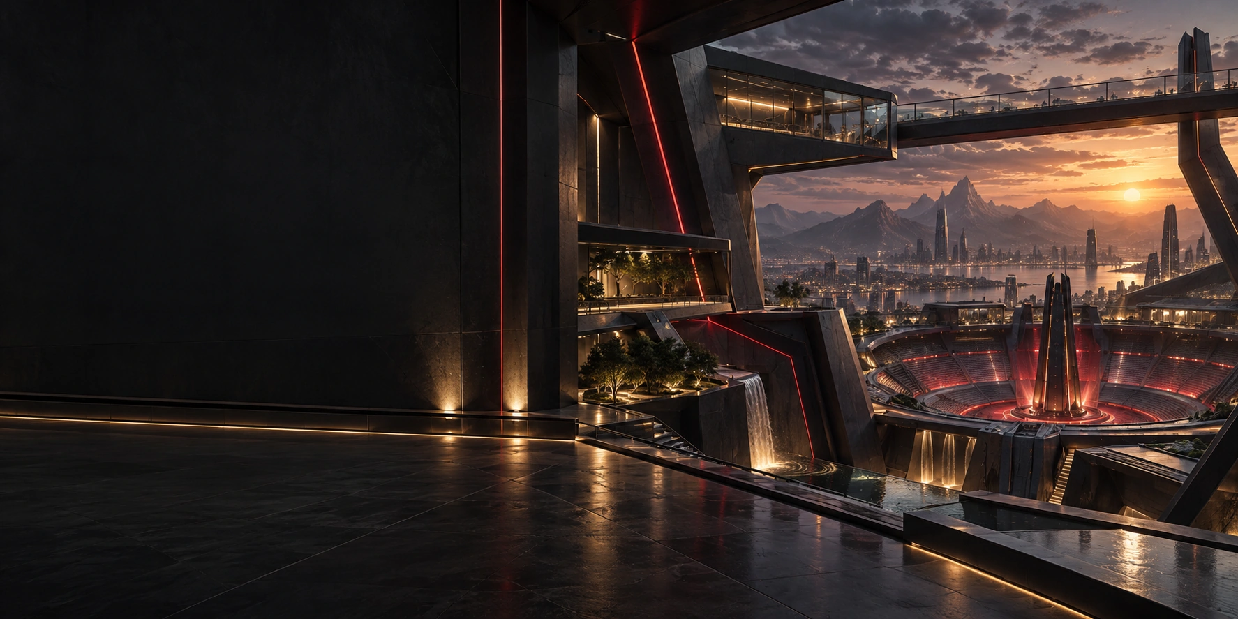 An original XFG-inspired arena overlooking a mountain city at dusk