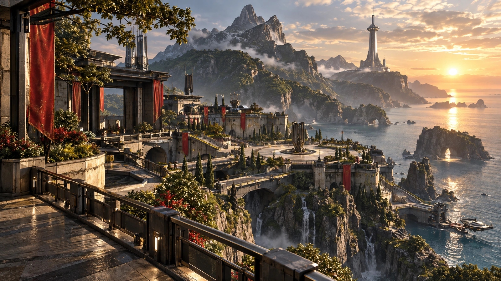 A coastal mountain settlement with an open central plaza at golden dawn