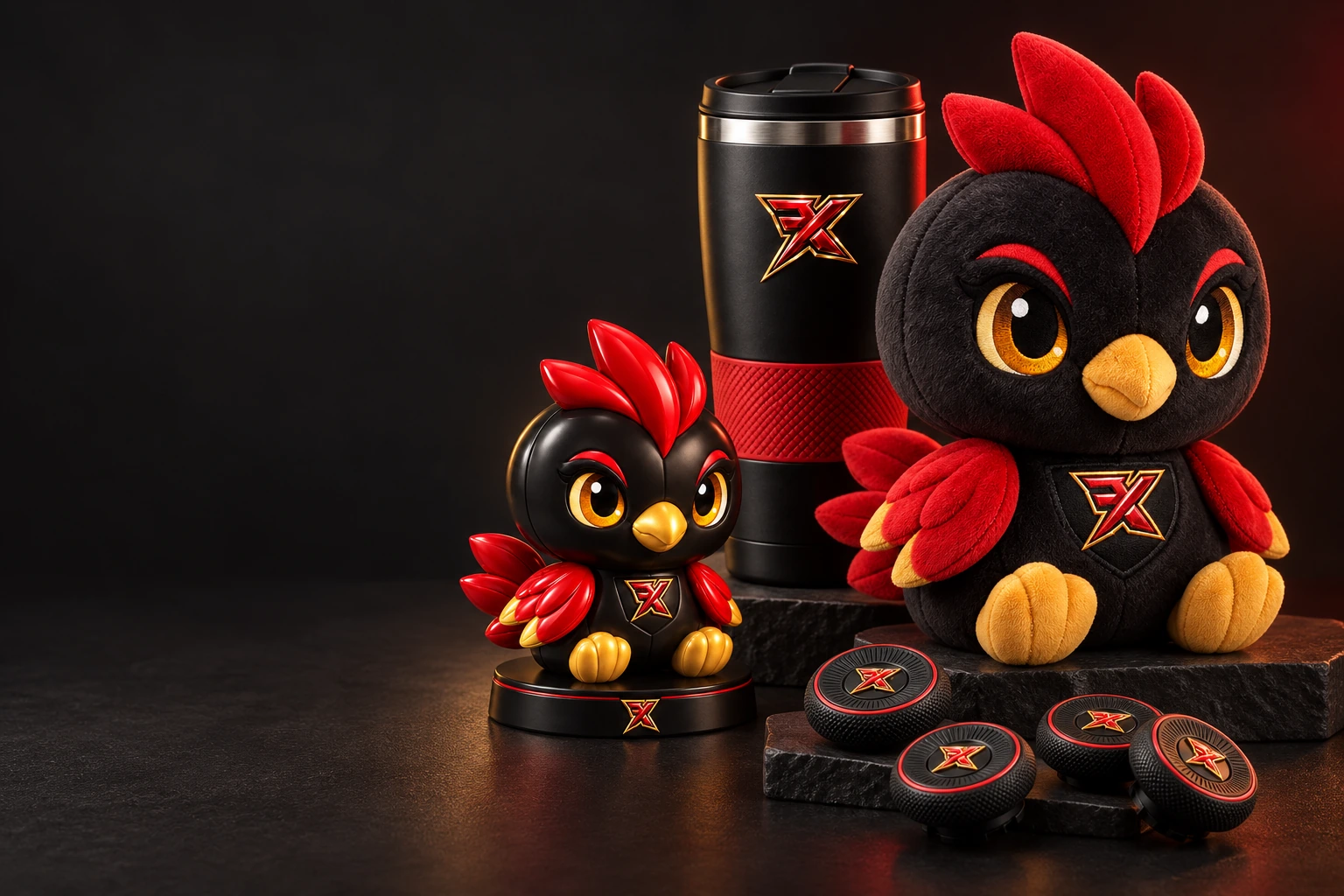 XFG thumbsticks, drinkware, plush and collectible concepts
