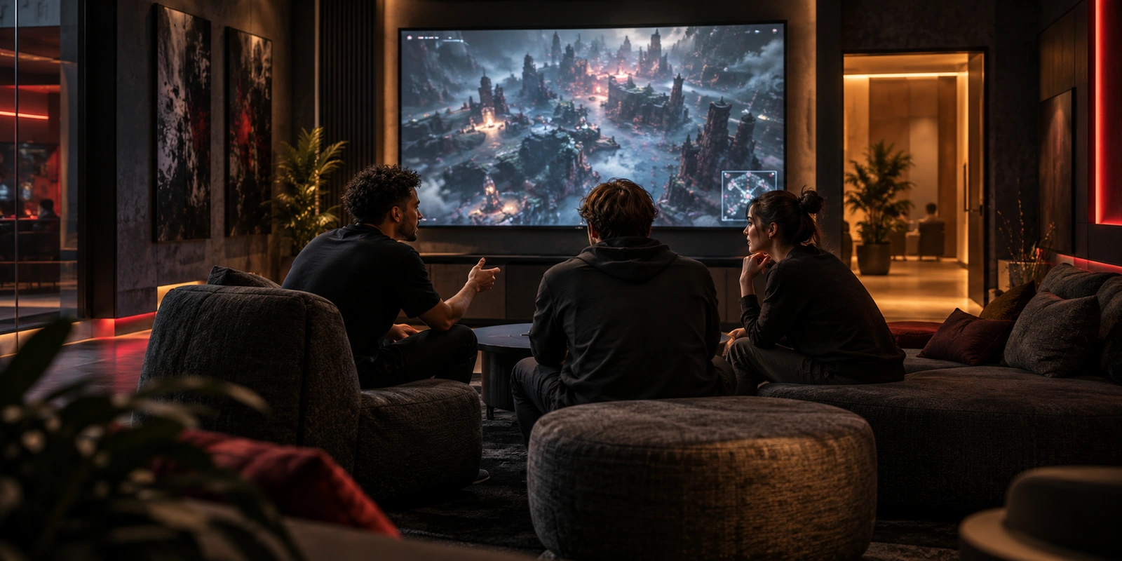 Three community members discussing a match in a cinematic gaming screening room