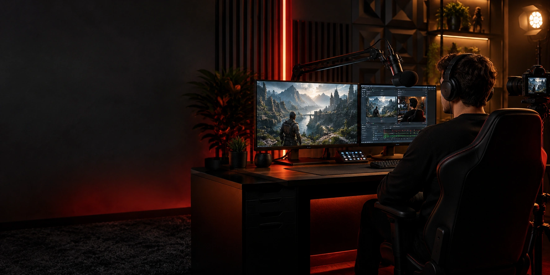 A creator at work in a cinematic XFG broadcast studio concept
