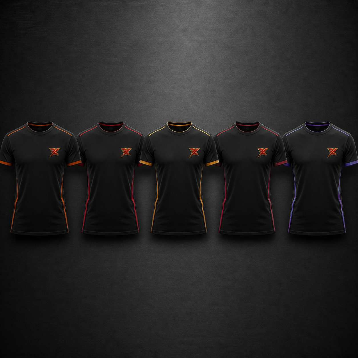 Five black XFG ranked slim-fit T-shirt concepts
