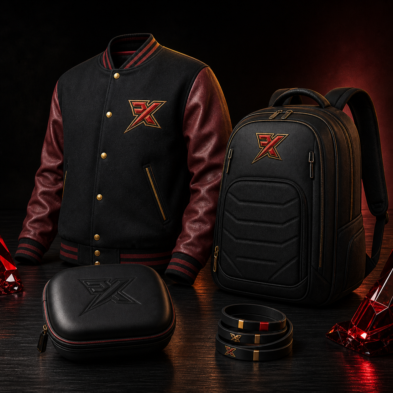 XFG varsity jacket, travel bag and creator accessories